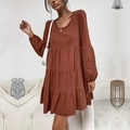 Long-sleeved tiered cotton linen dress in rust red with loose tiered ruffle hem design - S / Coffee Brown