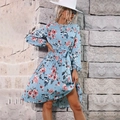 Abito midi a pieghe azzurro a fiori da donna con maniche lunghe e coulisse in vita - Taglia S / Blu