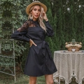 Elegant black long sleeve shirt dress with lace patchwork and waist tie detail - S / Black