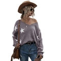 V-Ausschnitt Strickpullover in Grauviolett mit weißen Sternen für Damen - S / Lila