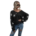 Women's black V-neck star print knit sweater with distressed frayed hem details - Black