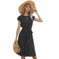 Abito midi vintage nero a pois da donna con maniche corte e cintura in vita - S / Nero