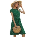 Abito midi verde a pois con cintura in vita e silhouette plissettata vintage estiva - S / Verde