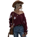 Damen Strickpullover in Weinrot mit V-Ausschnitt, weißen Sternen und weitem Oversize-Schnitt - S / Burgunderrot