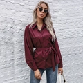 Elegant wine red long sleeve button-down shirt with waist tie and utility pockets - L / Burgundy