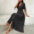 Detailansicht Baumwoll-Leinenkleid mit V-Ausschnitt, Holzknöpfen und Schleifen - S / Schwarz
