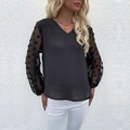 Schwarze Damen V-Ausschnitt Chiffonbluse mit transparenten Punkt-Laternenärmeln - S / Schwarz