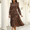 Robe léopard à manches longues avec col à volants et jupe à plusieurs niveaux marron - Café