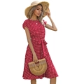 Robe d'été vintage rouge à pois avec col rond et jupe plissée mi-longue - Bordeaux