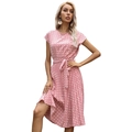 Robe plissée rose à pois à manches courtes avec ceinture à nouer et col rond pour l'été - Rose