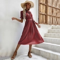 Short sleeve burgundy polka dot pleated dress with high neck and waist tie detail - S / Burgundy