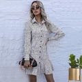 Polka dot long sleeve shirt dress with lapel collar and black buttons in white - M / White