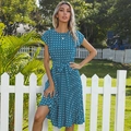 Robe bleu paon foncé à pois avec jupe plissée et ceinture réglable à la taille - Bleu Royal