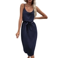 Elegante abito midi in raso blu navy con spalline sottili e cintura in vita - S / Blu Notte