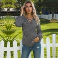 Women's V-neck leopard print chiffon blouse with lace-up detail and long lantern sleeves - S / Black