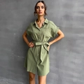 Vestido de algodón y lino verde salvia de manga corta con cinturón y botones frontales - XL / Verde Militar