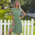 Robe plissée vintage à pois verts avec col rond et ceinture à la taille pour l'été chic - Vert menthe