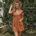 Abito donna in cotone lino rosso mattone con scollo a V maniche corte e bottoni frontali - S / Arancione