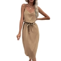 Elegant khaki sleeveless midi dress with thin straps and waist-tie for women - Khaki