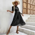 Short sleeve polka dot midi dress with waist tie and pleated skirt in black finish - L / Black
