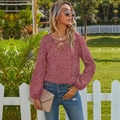 Women's V-neck red leopard print chiffon blouse with lace-up long sleeves and loose fit - S / Burgundy