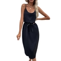 Elegante abito midi nero in raso con cintura in vita e spalline sottili - S / Nero