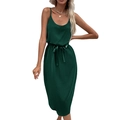 Elegante abito midi verde scuro con cintura annodabile e finitura satinata lucida - S / Verde Scuro