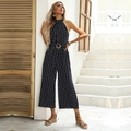Summer sleeveless halter neck polka dot jumpsuit with wide-leg pants and waist belt - L / Navy Blue
