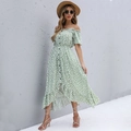 Off-shoulder green floral vacation dress with button detail and irregular ruffled hemline - Green
