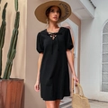 Vestido corto de verano para mujer en algodón y lino negro con cuello en V y cordones - S / Negro