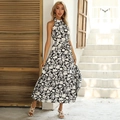 Robe longue licou à fleurs élégante avec taille nouée et ourlet à volants pour les vacances - Noir