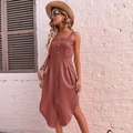 Rust red sleeveless cotton linen dress with square neck and irregular buttoned hem - S / Redwood