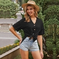 Camicetta estiva da donna in cotone e lino nero con nodo in vita e scollo a V elegante - Nero