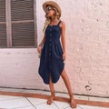 Navy blue sleeveless linen dress with front buttons and asymmetrical hemline for summer - S / Navy Blue (New Fabric)