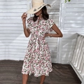 Florales Plissee-Midikleid mit Rüschenärmeln und Bindeband in Weiß und Rosa Muster - M / Weiß