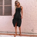 Chic black square neck midi dress with retro buttons and flowy A-line skirt - S / Black (Upgraded)