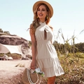 Beige halter neck cotton linen dress with hollow-out detail and tiered skirt - L / Apricot