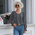 Women's black long sleeve crew neck blouse with white heart print and ruffled cuffs - S / Black