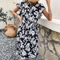 Robe vintage française en mousseline noire à fleurs avec manches à volants et plis - S / Noir