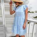 Abito a balze in chiffon celeste con pois bianchi e maniche con volant - M / Blu