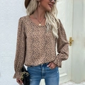 Women's leopard print long sleeve shirt with crew neck and elegant ruffle cuffs - S / Khaki
