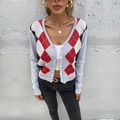 Women's V-neck argyle knit cardigan in blue and red pattern with white buttons - S / Light Gray