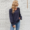 Women's casual long sleeve round neck navy blue blouse with white polka dot pattern - S / Sapphire Blue