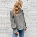 Women's sage green long sleeve leopard print blouse with stylish puff ruffled cuffs - S / Grey Blue