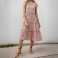 Abito midi estivo senza maniche da donna in rosa elegante con gonna a più livelli - Kaki