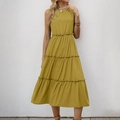 Abito midi estivo senza maniche da donna giallo senape con vita elastica e balze - S / Giallo