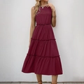 Abito midi smanicato da donna in bordeaux con gonna a balze per uno stile estivo - S / Borgogna