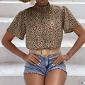 Short sleeve leopard print blouse with ruffle collar and woven belt detail - S / Khaki