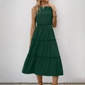 Abito estivo smanicato verde scuro a balze con scollo rotondo e silhouette a trapezio - S / Verde Scuro