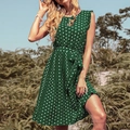 Vintage dark green sleeveless polka dot dress with waist tie and ruffle details - Green